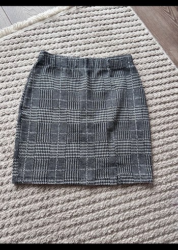 Gri Ekoseli Örgü Mini Etek