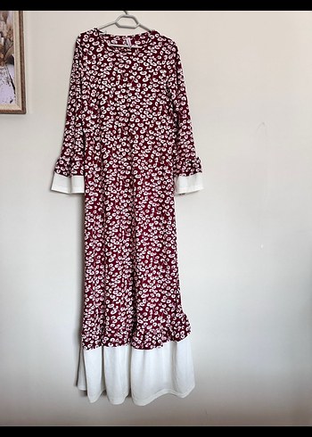 Bordo Bohem Uzun Elbise Fırfırlı