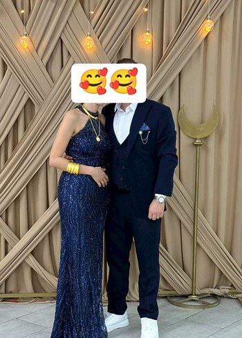 Mavi Payetli Yılan Desenli Uzun Abiye