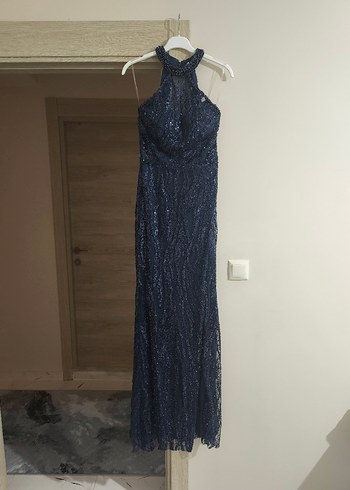 Mavi Payetli Yılan Desenli Uzun Abiye - Görsel 5