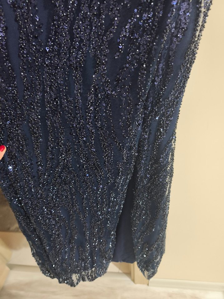 Mavi Payetli Yılan Desenli Uzun Abiye - Görsel 4