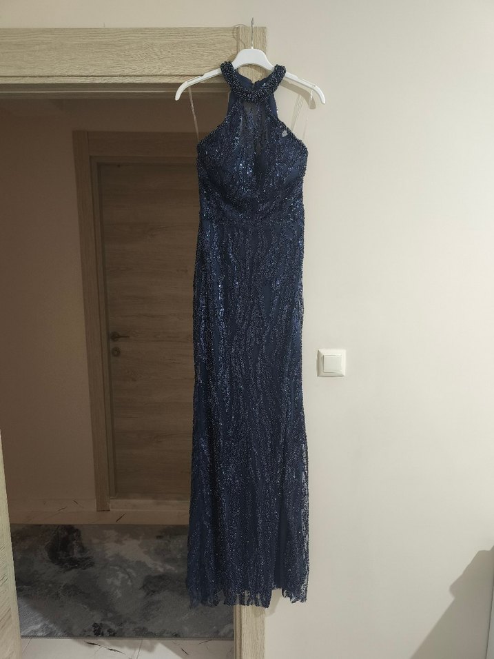 Mavi Payetli Yılan Desenli Uzun Abiye - Görsel 5