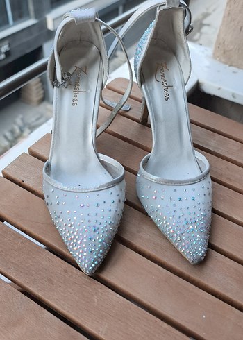 Beyaz Parlak Taşlı Topuklu Kadın Abiye Ayakkabı - Görsel 7