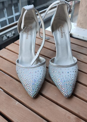 Beyaz Parlak Taşlı Topuklu Kadın Abiye Ayakkabı - Görsel 2