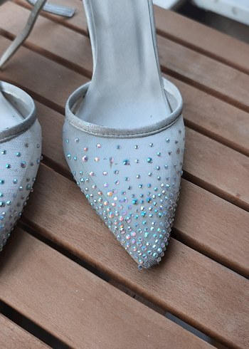 Beyaz Parlak Taşlı Topuklu Kadın Abiye Ayakkabı - Görsel 6