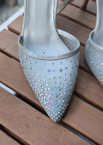 Beyaz Parlak Taşlı Topuklu Kadın Abiye Ayakkabı - Görsel 5