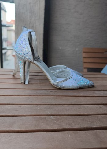 Beyaz Parlak Taşlı Topuklu Kadın Abiye Ayakkabı - Görsel 8