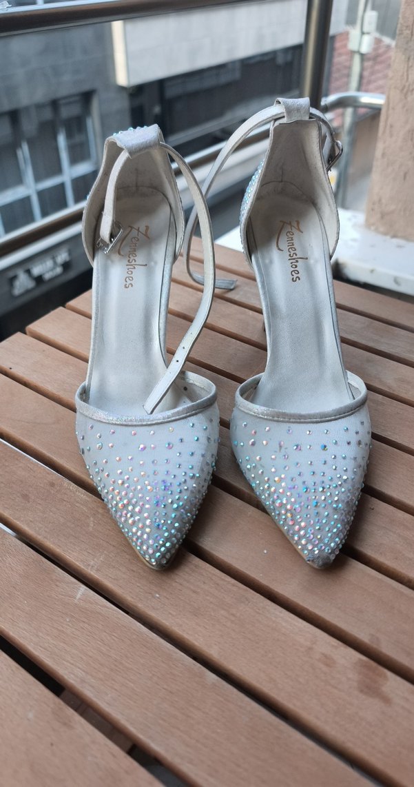 Beyaz Parlak Taşlı Topuklu Kadın Abiye Ayakkabı - Görsel 2