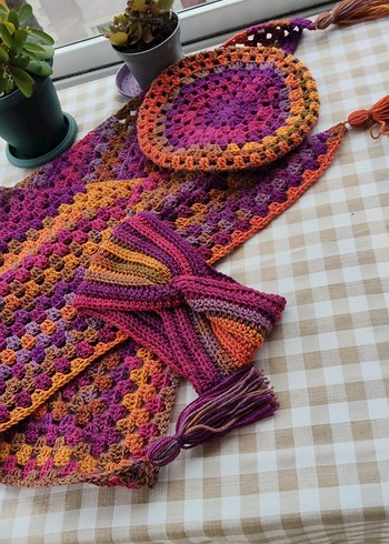 3 parça El Örgüsü Bohem Şal, Bere ve saç bandi Seti - Görsel 3