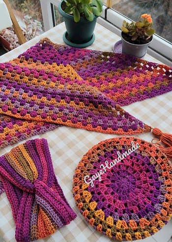 3 parça El Örgüsü Bohem Şal, Bere ve saç bandi Seti - Görsel 2