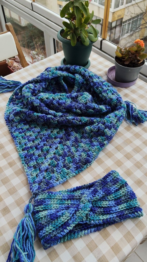 Bohem  Mavi Batik Örgü Atkı ve Bandana - Görsel 2