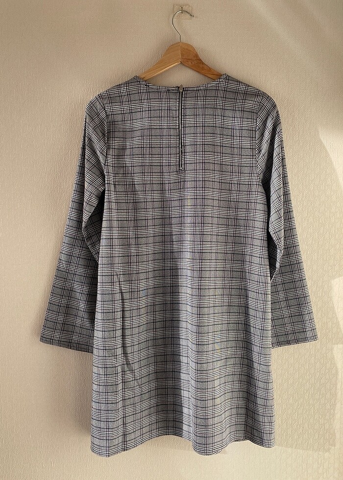 OXXO Ekoseli Uzun Kol Gri Elbise - Görsel 3