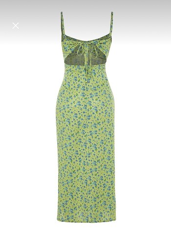 Çiçekli Yırtmaç Detaylı Yeşil Midi Elbise - Görsel 4