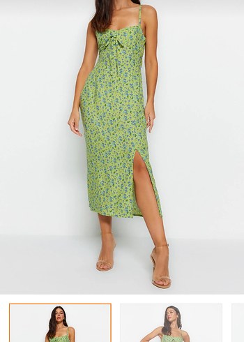 Çiçekli Yırtmaç Detaylı Yeşil Midi Elbise - Görsel 2