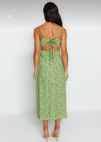 Çiçekli Yırtmaç Detaylı Yeşil Midi Elbise - Görsel 8