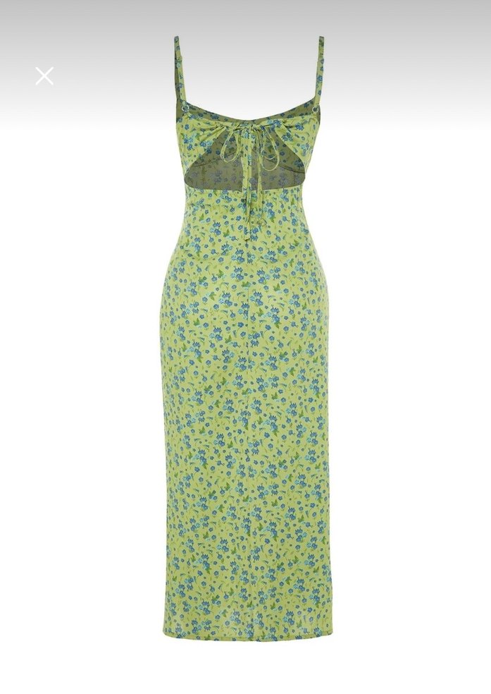 Çiçekli Yırtmaç Detaylı Yeşil Midi Elbise - Görsel 4