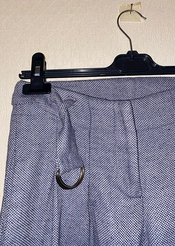 Pamuklu Gri Mavi Kemerli Kumaş Pantolon - Görsel 3