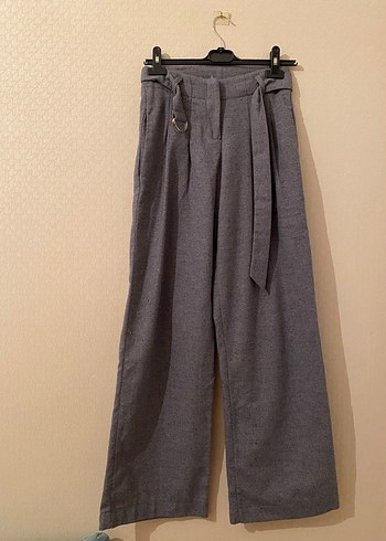 Pamuklu Gri Mavi Kemerli Kumaş Pantolon - Görsel 7