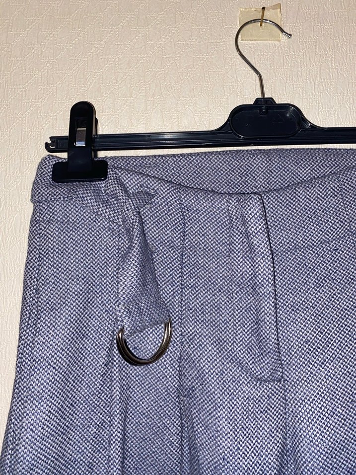 Pamuklu Gri Mavi Kemerli Kumaş Pantolon - Görsel 3