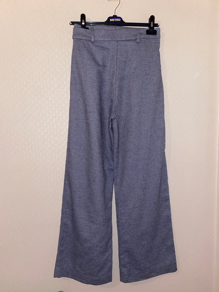 Pamuklu Gri Mavi Kemerli Kumaş Pantolon - Görsel 4