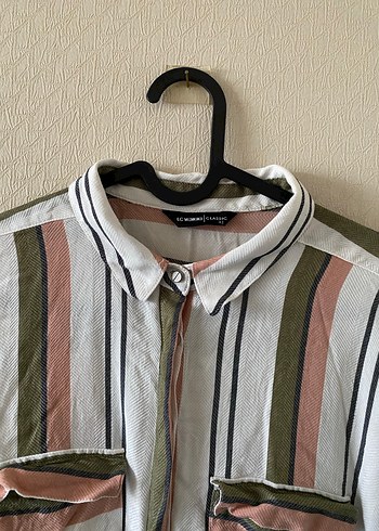 Pembe Yeşil Çizgili Kol Detaylı Gömlek - Görsel 2