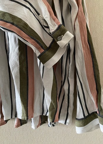 Pembe Yeşil Çizgili Kol Detaylı Gömlek - Görsel 3