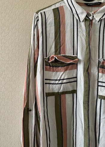 Pembe Yeşil Çizgili Kol Detaylı Gömlek - Görsel 4