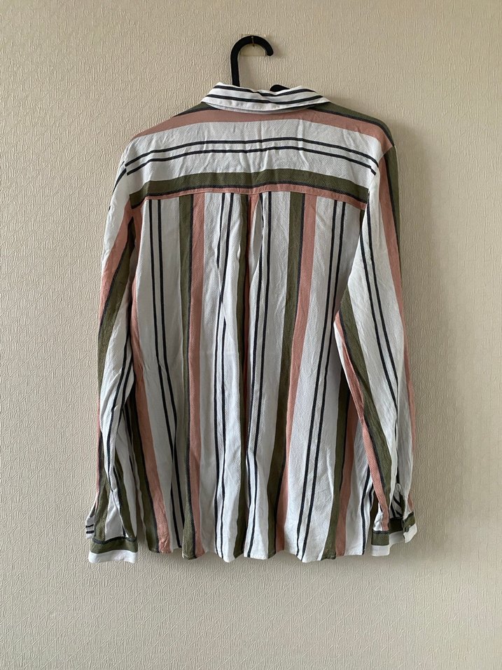 Pembe Yeşil Çizgili Kol Detaylı Gömlek - Görsel 5