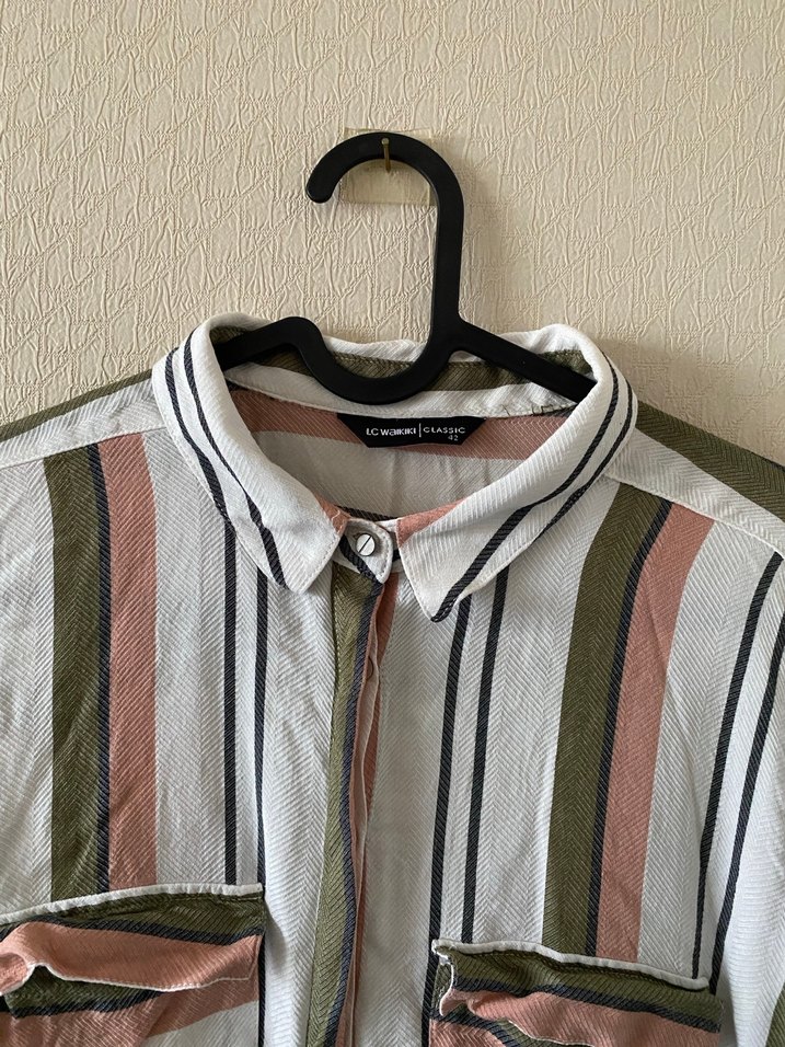 Pembe Yeşil Çizgili Kol Detaylı Gömlek - Görsel 2