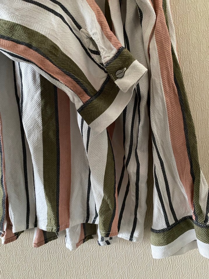 Pembe Yeşil Çizgili Kol Detaylı Gömlek - Görsel 3