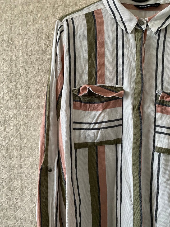 Pembe Yeşil Çizgili Kol Detaylı Gömlek - Görsel 4