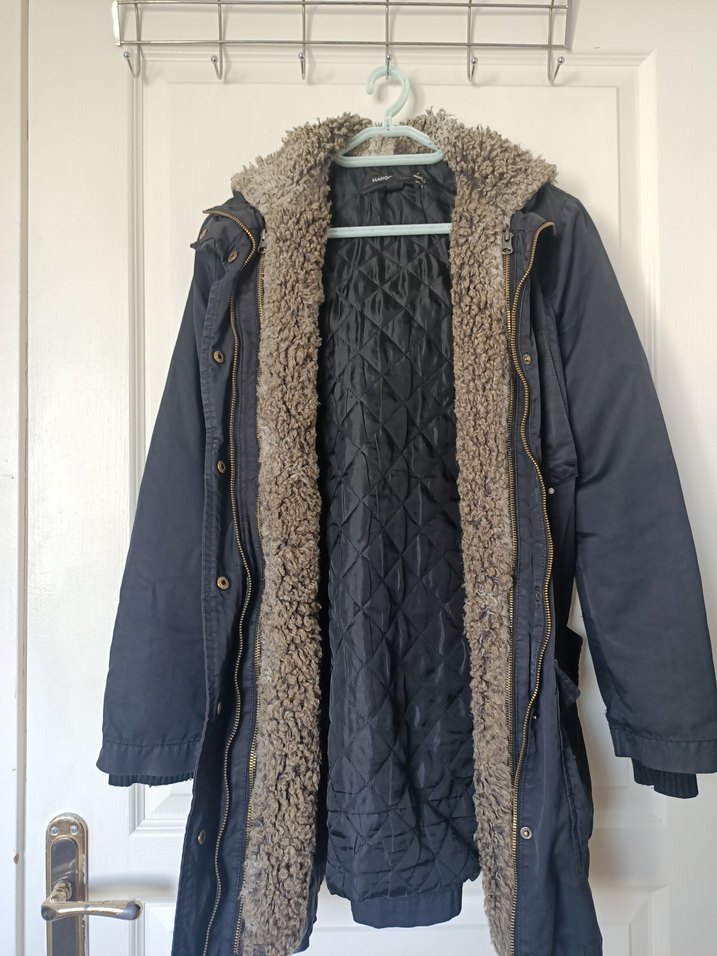 Siyah Kadın Mont Kaban Ceket, Kürklü, Dizüstü Boy - Görsel 2