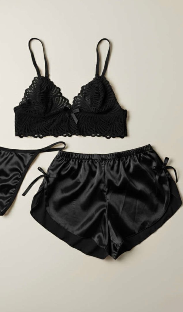 Siyah Mini Dantelli ve Saten Kadın Pijama Takımı - Görsel 2