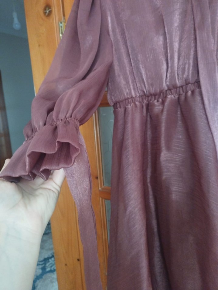 Drapeli Uzun Kollu Bordo Kadın Elbise - Görsel 2