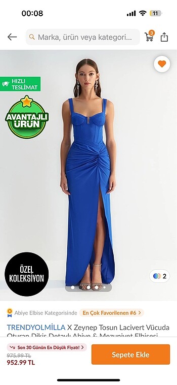 36 Beden mavi Renk Trendyol abiye elbise