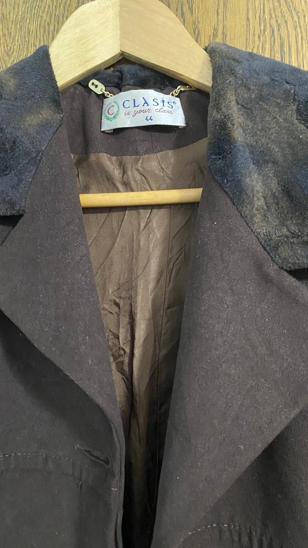 Düğmeli Kahverengi Keten Kadın Midi Kaban - Görsel 3