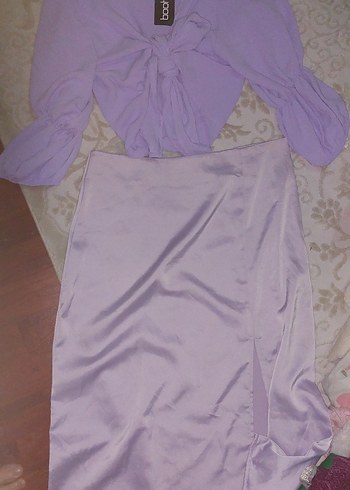 Drapeli Midi Lila şik takim Eteği ve kaşkor - Görsel 2