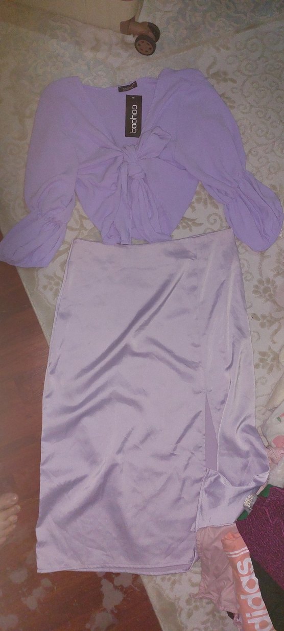 Drapeli Midi Lila şik takim Eteği ve kaşkor - Görsel 2