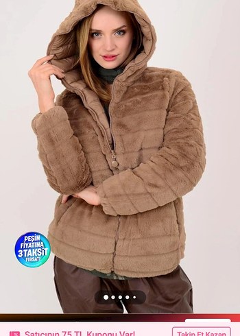 Bej Kadın Uzun Kürklü Kışlık Mont - Görsel 3