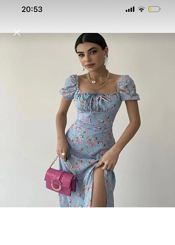 Mavi Çiçekli Midi Elbise