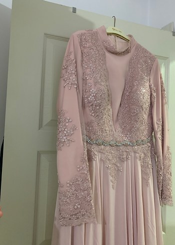 Dantel İşlemeli Pembe Uzun Abiye Elbise - Görsel 3