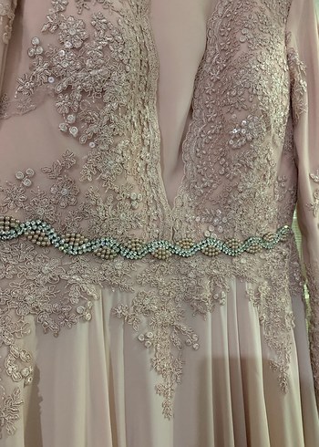 Dantel İşlemeli Pembe Uzun Abiye Elbise - Görsel 5