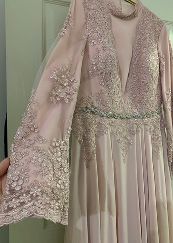 Dantel İşlemeli Pembe Uzun Abiye Elbise - Görsel 4