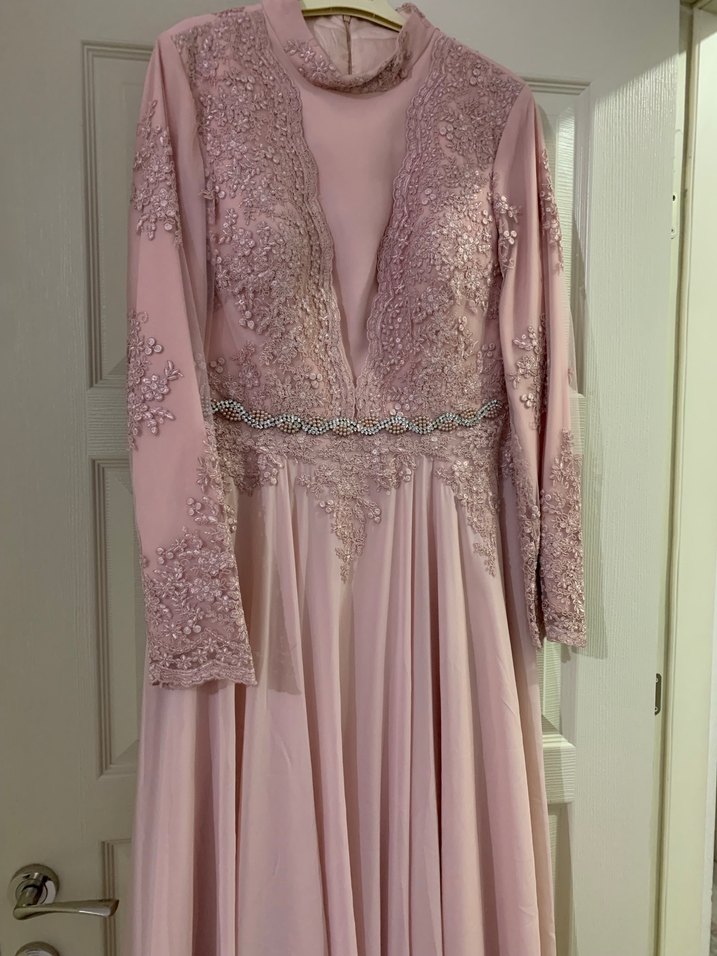 Dantel İşlemeli Pembe Uzun Abiye Elbise - Görsel 2