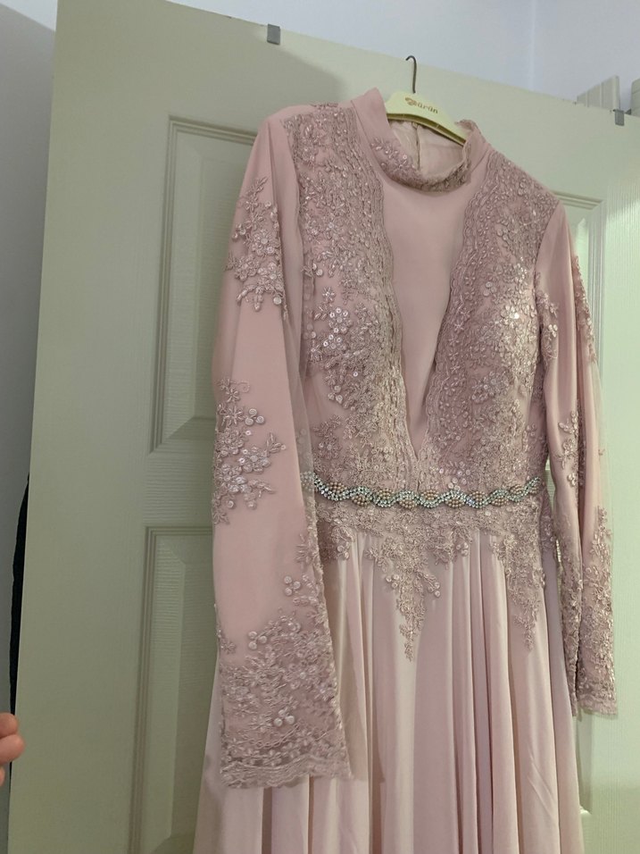 Dantel İşlemeli Pembe Uzun Abiye Elbise - Görsel 3