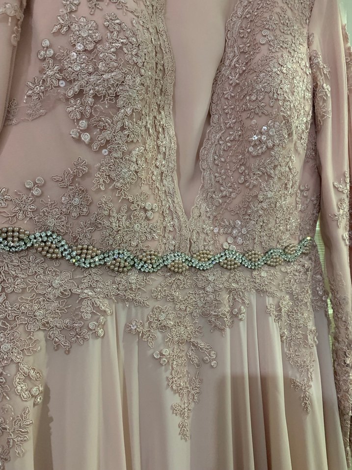 Dantel İşlemeli Pembe Uzun Abiye Elbise - Görsel 5