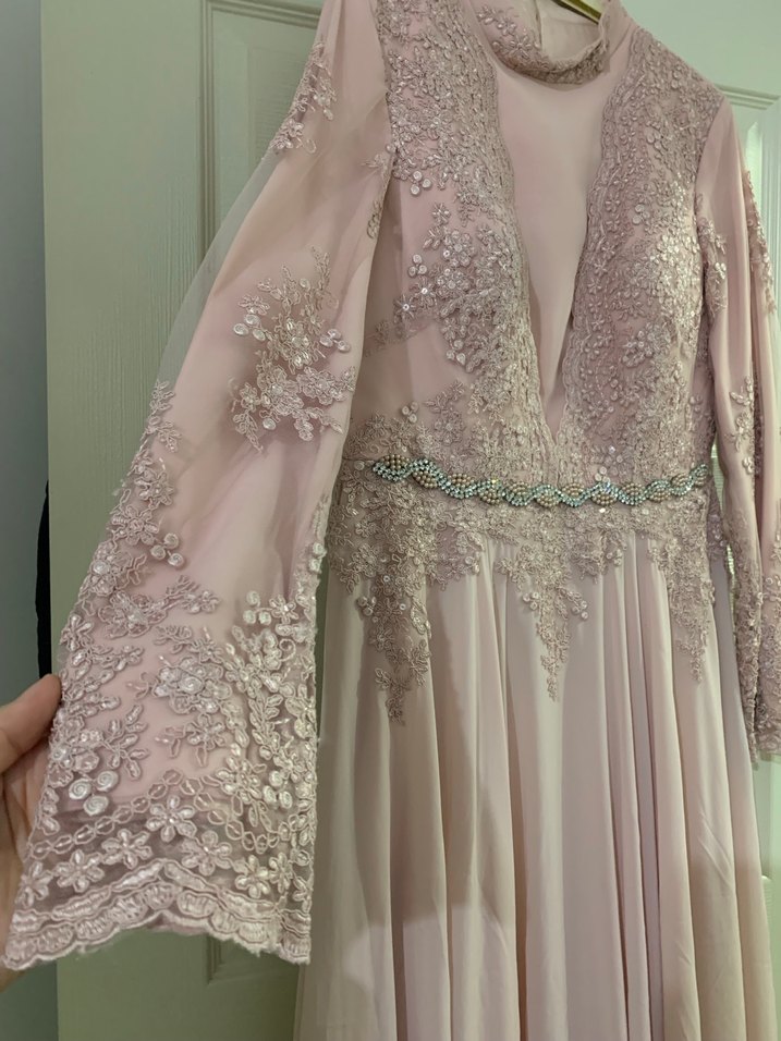 Dantel İşlemeli Pembe Uzun Abiye Elbise - Görsel 4