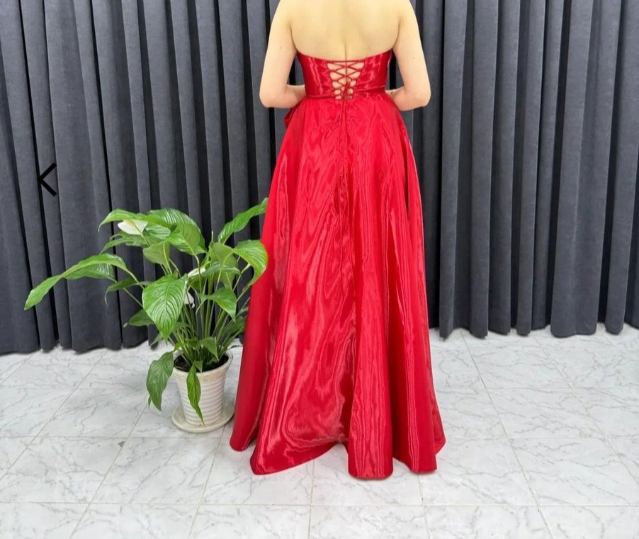 Drapeli Kırmızı Uzun Abiye Elbise - Görsel 2