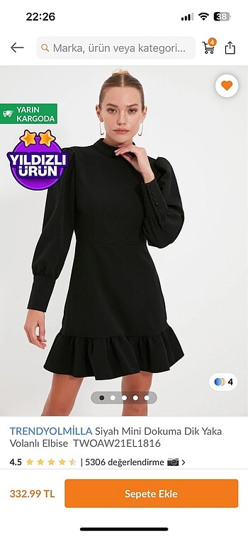 trendyolmilla siyah dik yaka volanlı uzun kol elbise