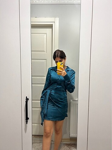 Trendyol & Milla petrol mavisi saten bağlama detaylı kısa elbise